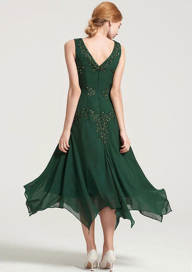 A-line V NeckTea-Length Chiffon Mother of the Bride Dress With Jacket Appliqued Beading