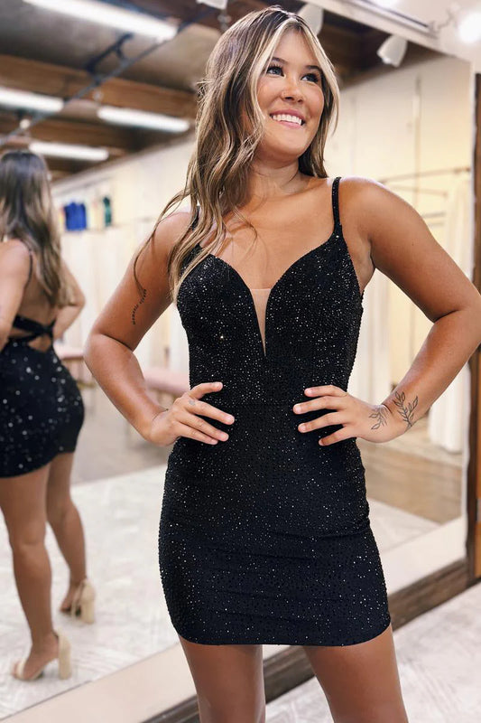 Bodycon V Neck Sparkly Homecoming Dresses with Cross Back