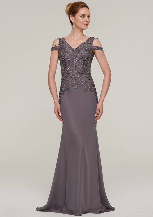 V Neck Sleeveless Sweep Train Chiffon Mother of the Bride Dresses With Sequins Appliqued