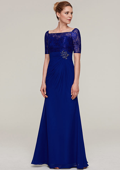 Short Sleeve Long/Floor-Length Chiffon Mother of the Bride Dresses With Pleated Appliqued Beading