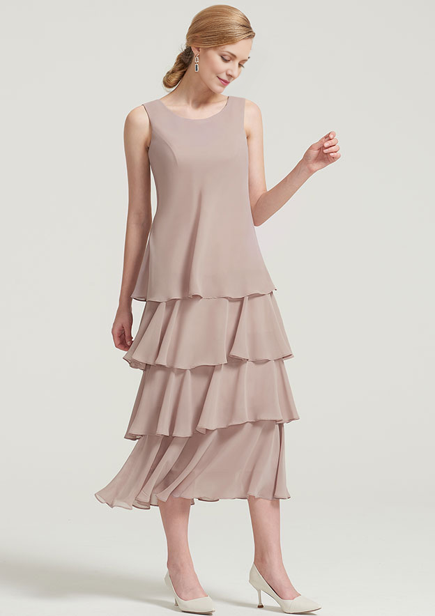 Scoop Neck Sleeveless Tea-Length Chiffon Mother of the Bride Dress With Jacket Ruffles Appliqued