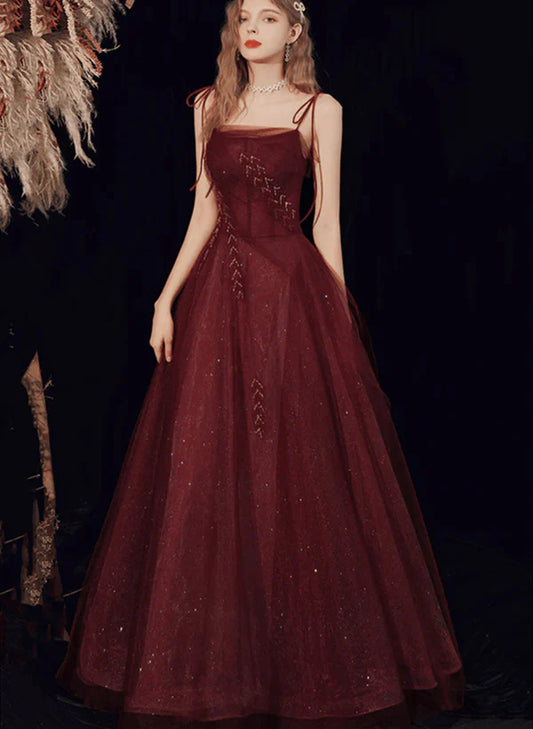 Wine Red Spaghetti Strap Tulle Beaded Long Prom Dress A-line Evening Dress