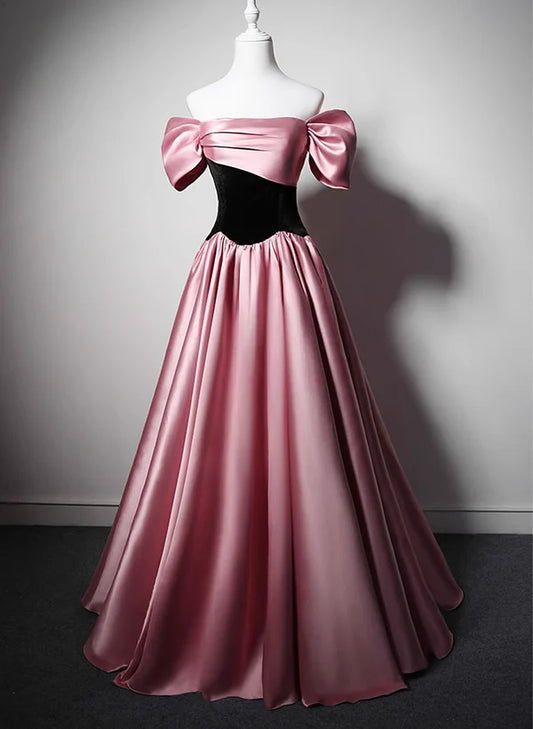 Off Shoulder Satin Scoop A-line Long Party Dress Pink and Black Prom Dress