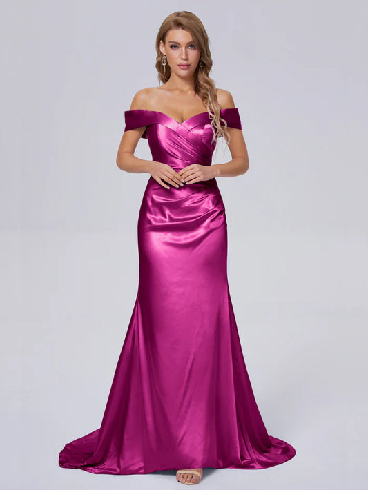 Off the Shoulder Hourglass Soft Satin Bridesmaid Dresses Sweep/Brush Train Dresses