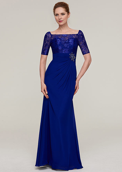 Short Sleeve Long/Floor-Length Chiffon Mother of the Bride Dresses With Pleated Appliqued Beading