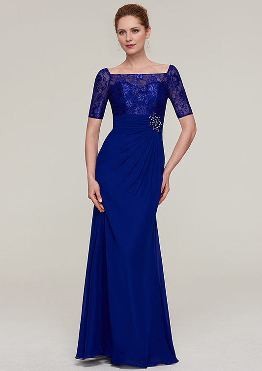 Short Sleeve Long/Floor-Length Chiffon Mother of the Bride Dresses With Pleated Appliqued Beading