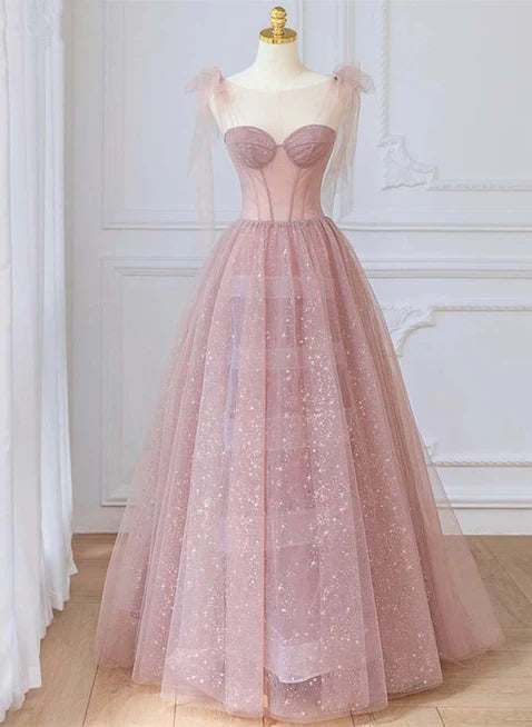 Pink Tulle Round Neckline A-line Party Dress Floor Length Prom Dresses