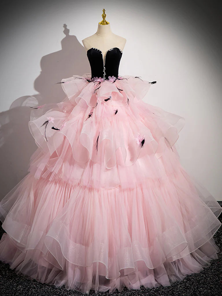 Pink Sweetheart Neck Tulle Tiered Long Prom Dress Ballgown Quinceanera Dress