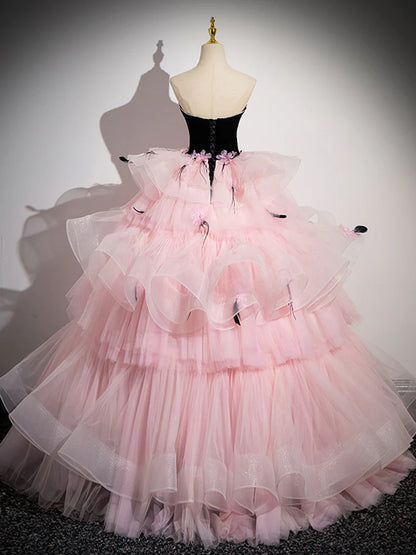 Pink Sweetheart Neck Tulle Tiered Long Prom Dress Ballgown Quinceanera Dress