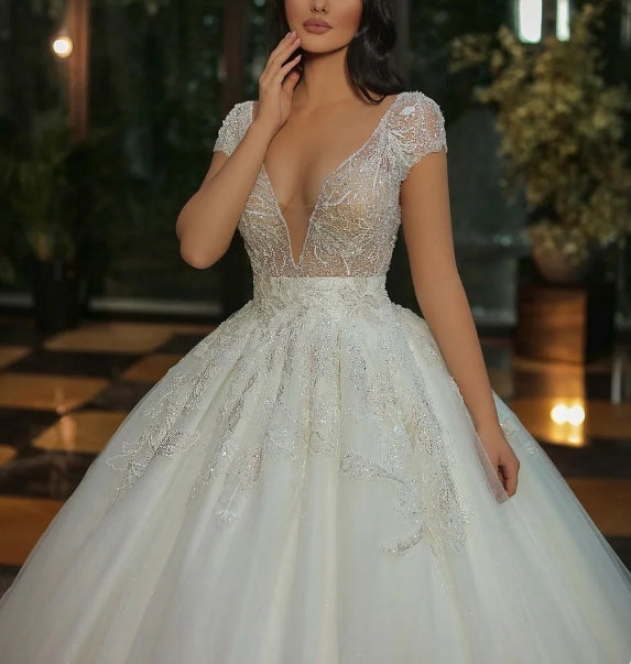 A-line V-neck Long Cap Sleeveless Wedding Dress With Beads Tulle