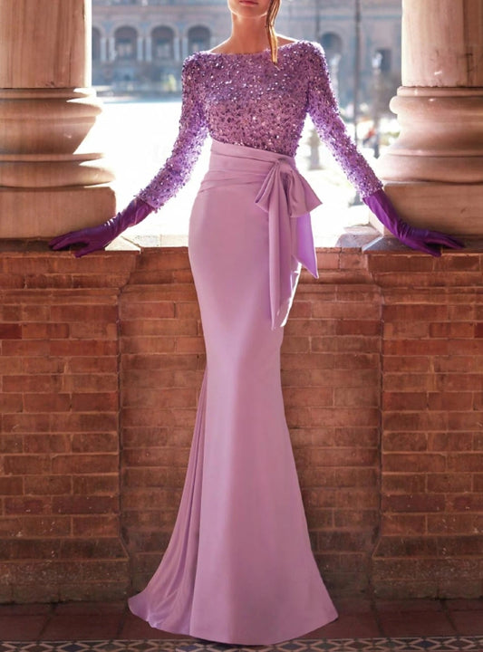 Mermaid / Trumpet Evening Gown Formal Floor Length Long Sleeve Jewel Neck Sequined with Bow(s) Pearls