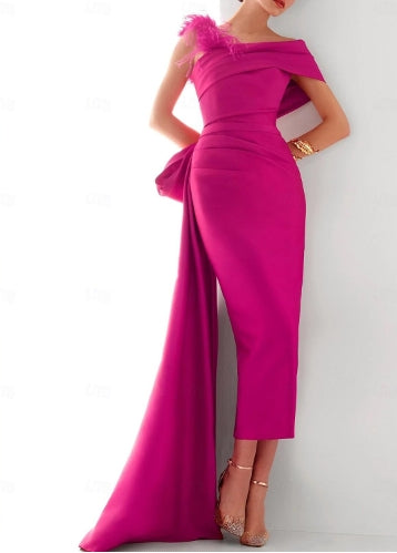 Sheath / Column Evening Gown Formal Sweep / Brush Train Sleeveless One Shoulder Satin with Feather Bow(s)