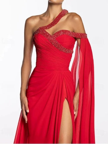 A-Line Evening Gown Elegant Floor Length Sleeveless One Shoulder Chiffon with Sequin