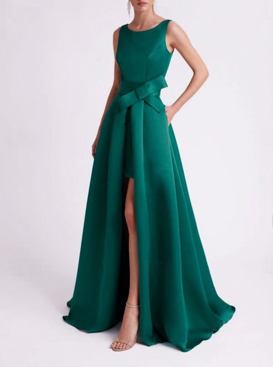 A-Line Evening Gown High Split Dress Sleeveless V Neck Belt / Sash Satin with Slit