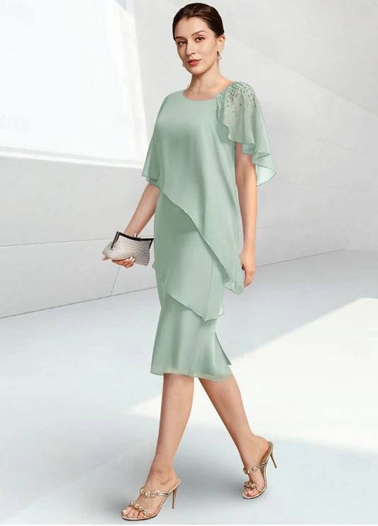 Sage Elegant Jewel Neck Knee Length Chiffon Half Sleeve with BeadingMother of the Bride Dress