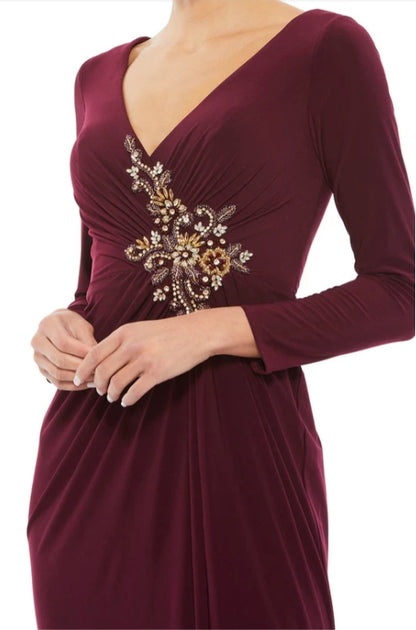 Long Sleeve Ruched V-Neck Floor-length Formal Evening Dress