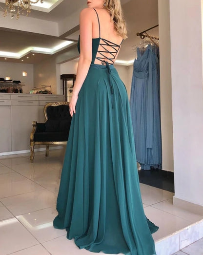 A-Line Open Back Chiffon Long Dress Bridesmaid Dresses With Slit