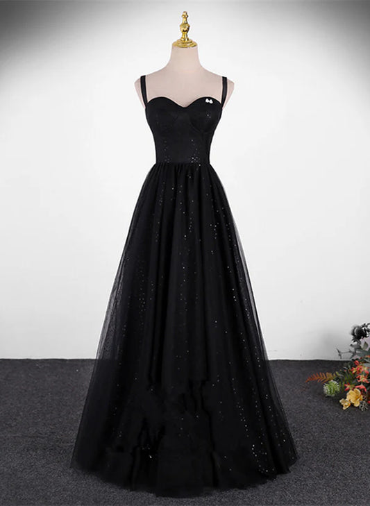 Sequins/Sparkling Black A-line Tulle Straps Simple Long Prom Dress Evening Dress