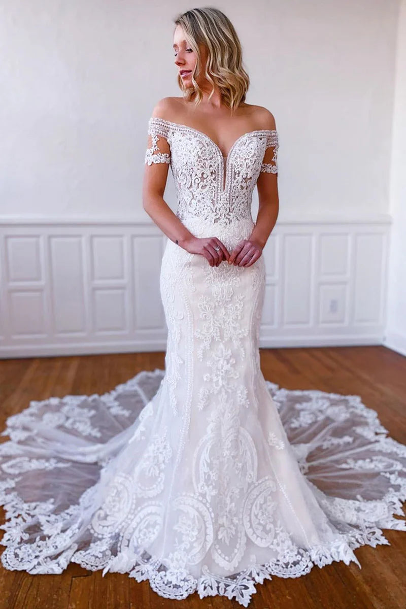 Mermaid Off-the-Shoulder Short Sleeves Long White Lace Bridal Dress