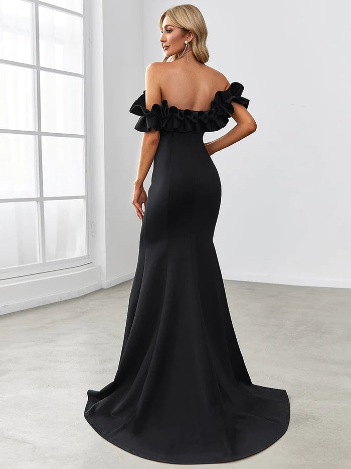 Sweet Ruffled Off Shoulder Mermaid Maxi Evening Dress