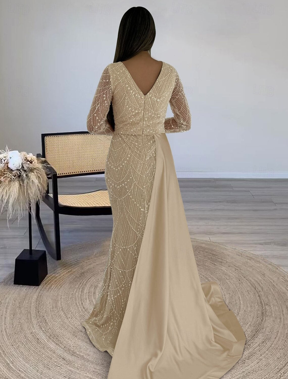 Mermaid / Trumpet Evening Gown Formal Floor Length Long Sleeve Square Neck Sequined with Glitter Slit