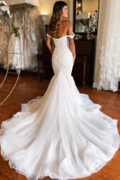 Mermaid White Lace Sweep Train Long Wedding Dress with Appliques