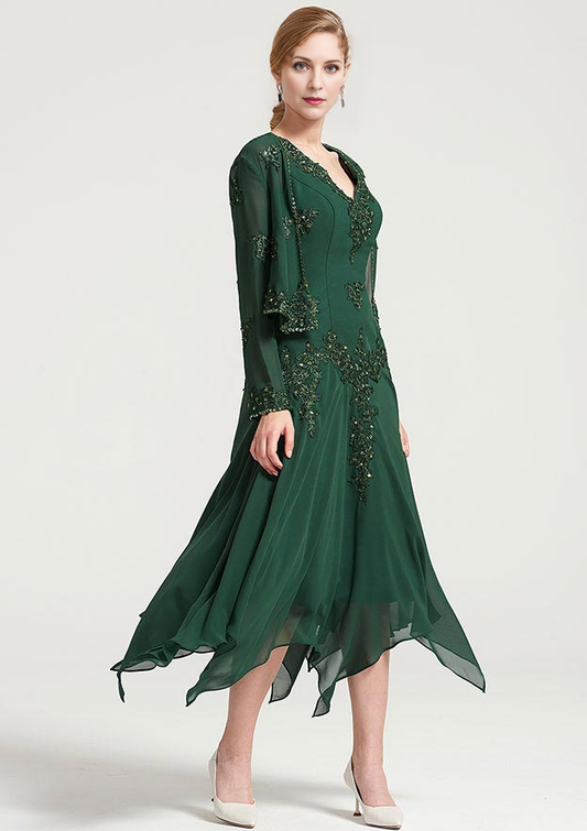 A-line V NeckTea-Length Chiffon Mother of the Bride Dress With Jacket Appliqued Beading