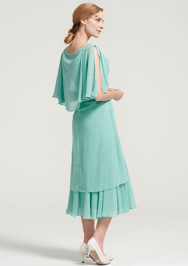 Tea-Length Chiffon Mother of the Bride Dress With Side Draping Crystal Detailing Ruffles