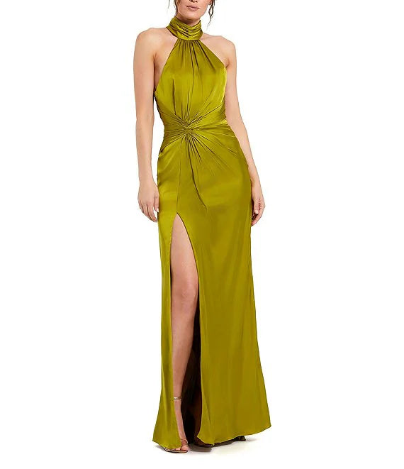 Satin Halter Mock Neck Sleeveless Side Ruched Gown Backless Evening Dresses