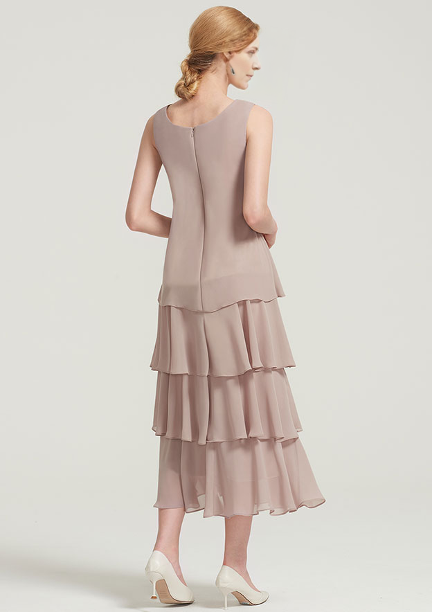 Scoop Neck Sleeveless Tea-Length Chiffon Mother of the Bride Dress With Jacket Ruffles Appliqued