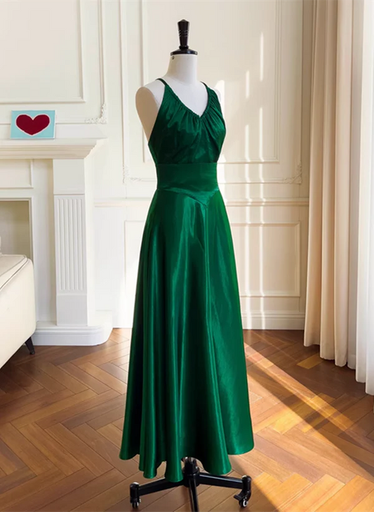 Green A-line Soft Satin Cross Back Evening Dress Prom Dress Party Dress