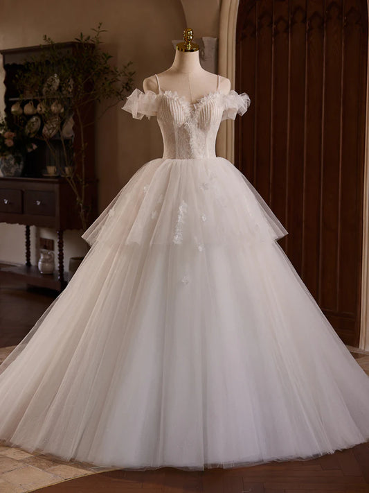 A-Line Sweetheart Neck Tulle Lace Long Prom Dress Bride Gown