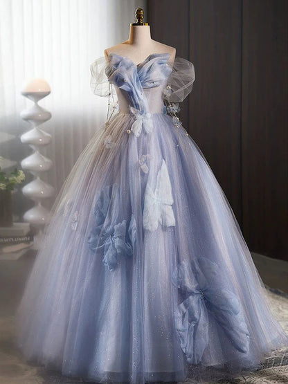 Glitter A-Line Off Shoulder Tulle Flower Quinceanera Dress Blue Long Prom Dress