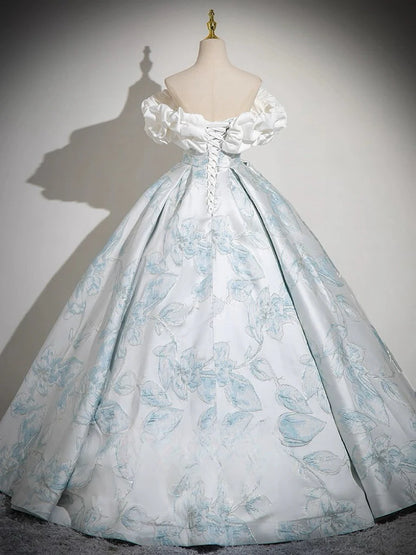 A-Line Off Shoulder Satin Blue Ball Gown Long Prom Dress With Floral Print