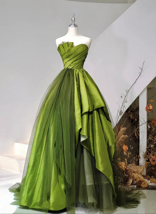 A-Line Princess Ballgown Green Satin and Tulle Sweetheart Long Party Dress Prom Dress