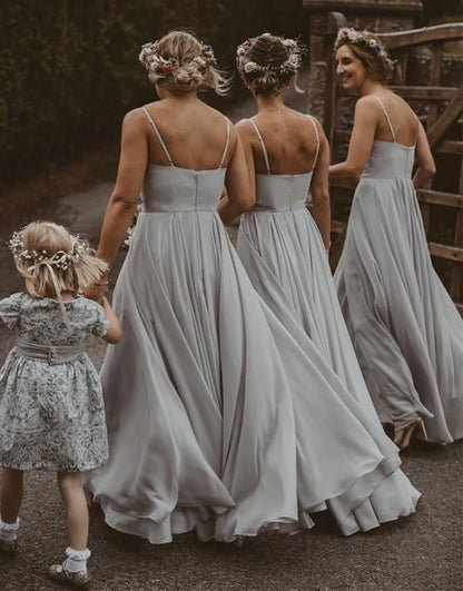 Dusty Blue Long Chiffon Floor-length Bridesmaid Dress