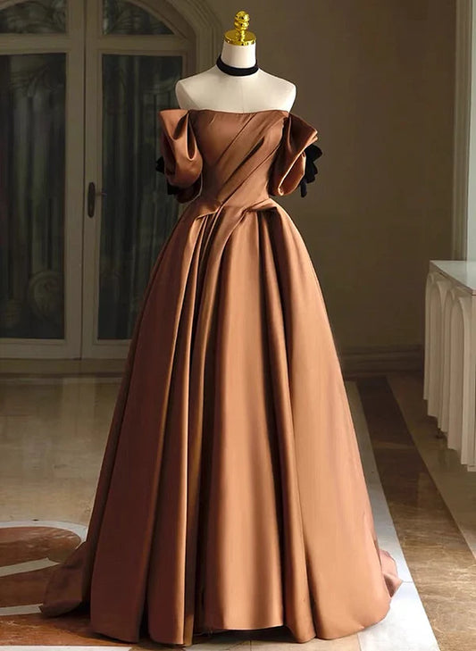 A-line Ballgown Brown Satin Off Shoulder Scoop Long Prom Dress Evening Dress