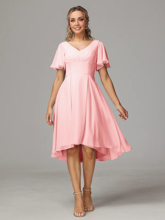 Cute A-Line Short Sleeves V Neck Knee Length Chiffon Bridesmaid Dresses