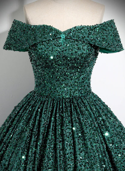 A-Line Princess Glitter Dark Green Sequins Off Shoulder Ball Gown Prom Dress Formal Dress