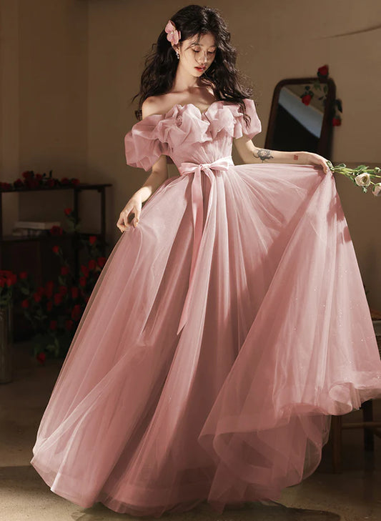 Pink A-Line Princess Off Shoulder Tulle Party Dress Prom Dress