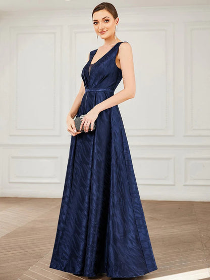 V-Neck Sleeveless Satin Empire Waist A-Line Evening Dress