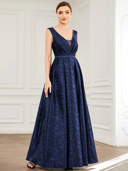 V-Neck Sleeveless Satin Empire Waist A-Line Evening Dress