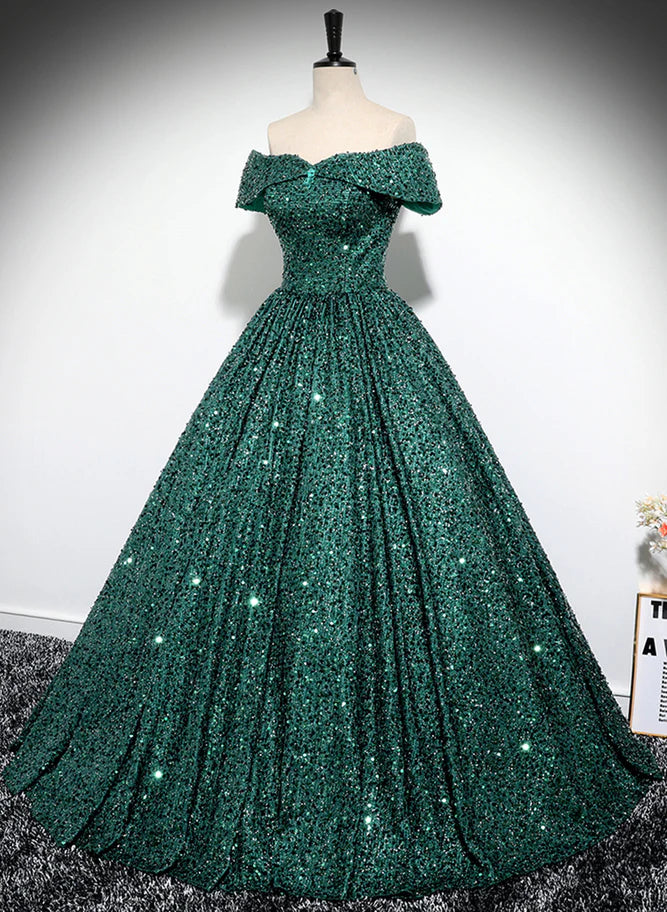 A-Line Princess Glitter Dark Green Sequins Off Shoulder Ball Gown Prom Dress Formal Dress