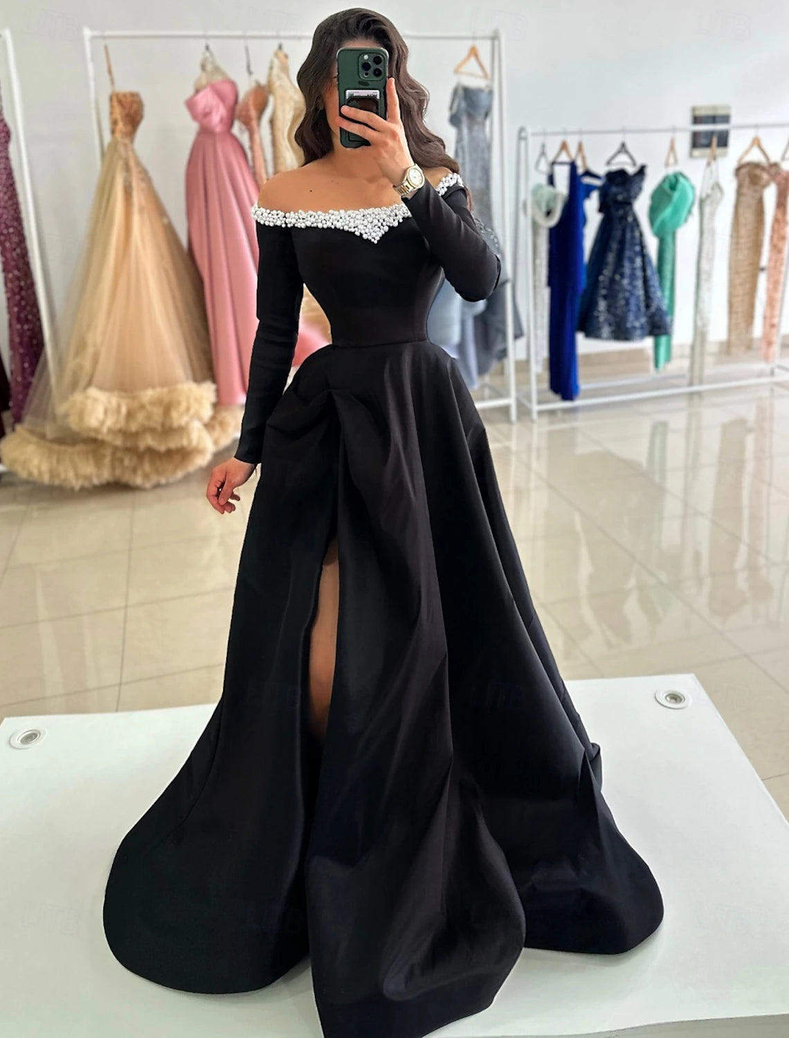 A-Line Evening Gown Floor Length Long Sleeve Off Shoulder Pocket Satin with Pearls