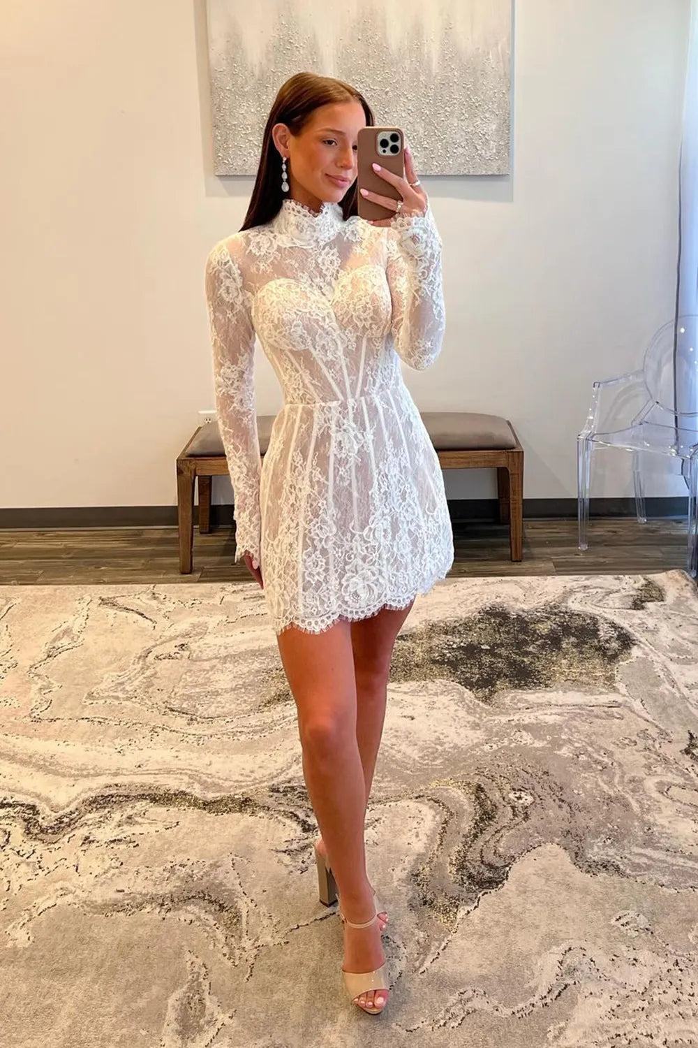 A-Line White Lace High Neck Long Sleeves Short Homecoming Dress