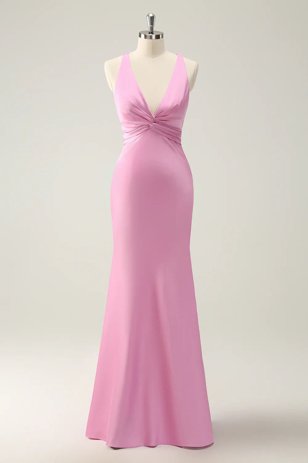 Pink Mermaid V Neck Satin Long Bridesmaid Dress Evening Dress