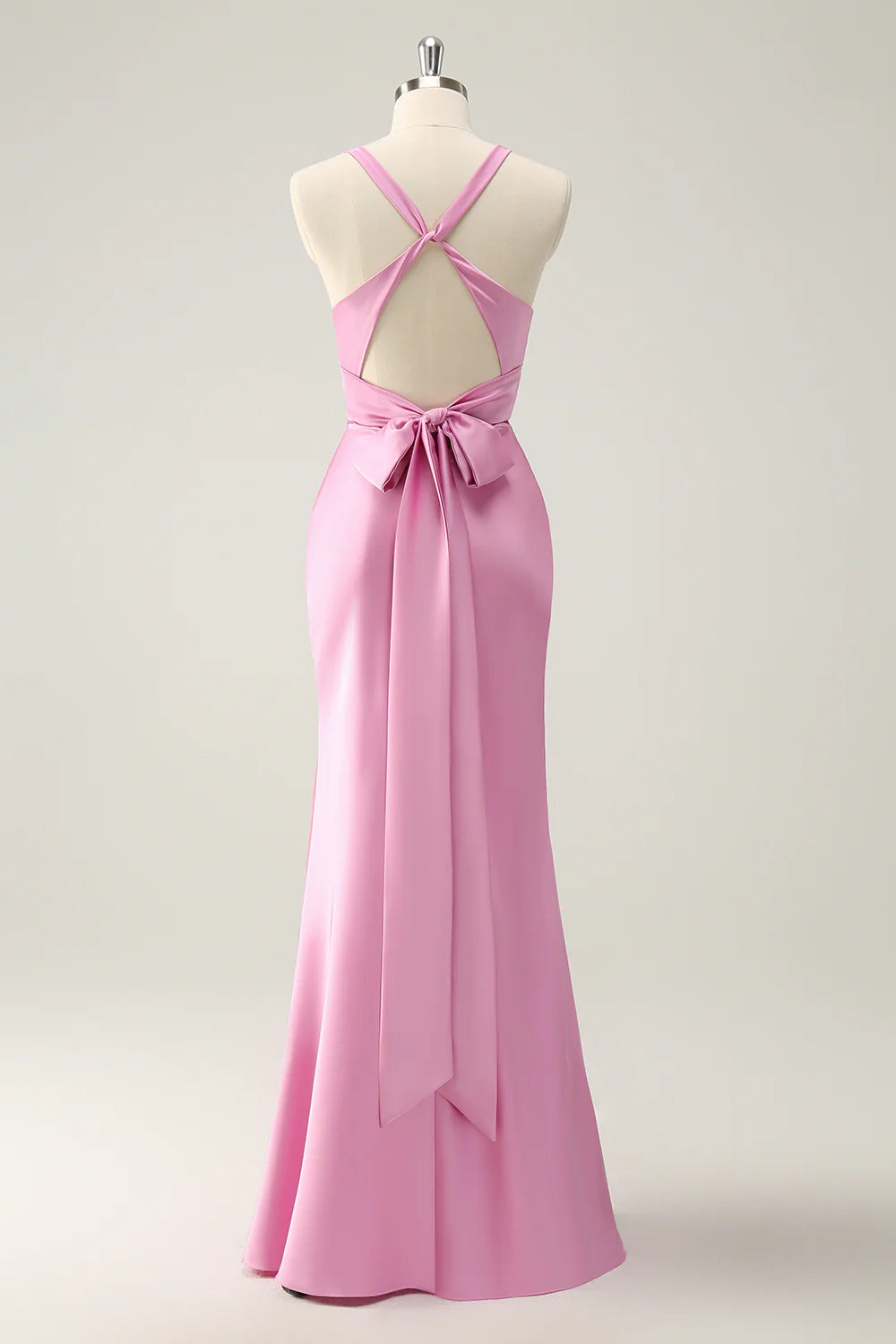 Pink Mermaid V Neck Satin Long Bridesmaid Dress Evening Dress