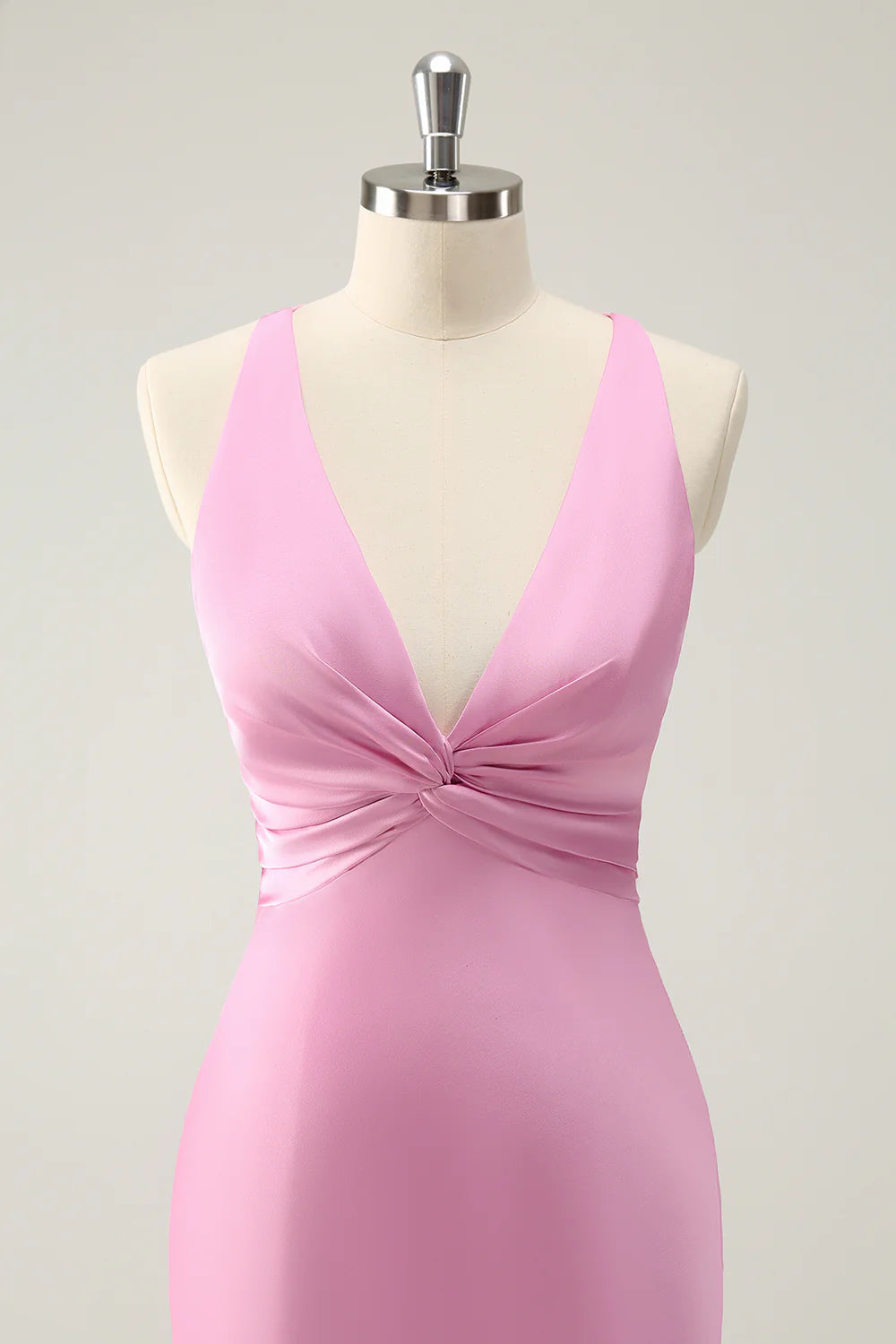 Pink Mermaid V Neck Satin Long Bridesmaid Dress Evening Dress