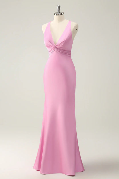 Pink Mermaid V Neck Satin Long Bridesmaid Dress Evening Dress