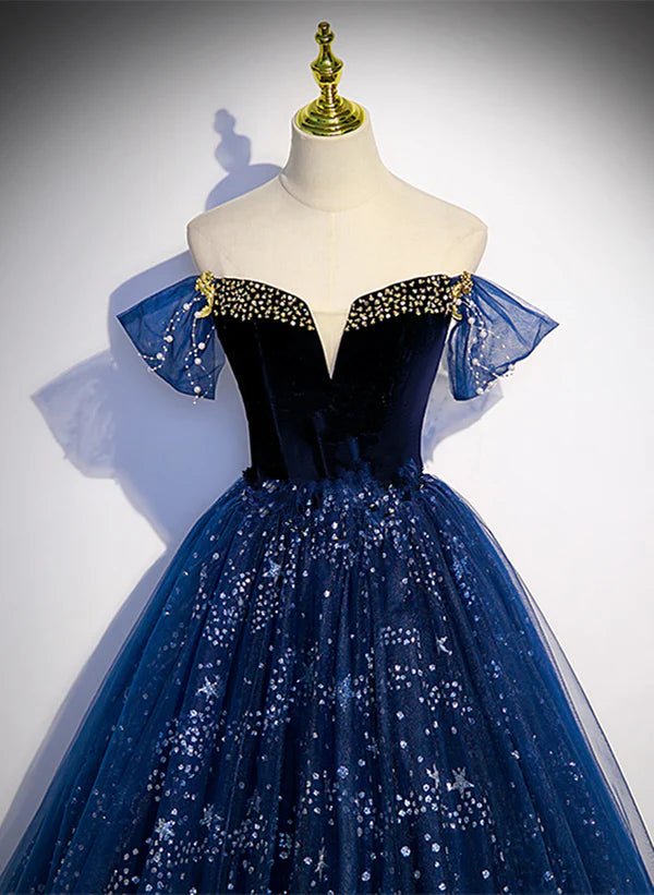 Glitter A-Line Princess Quinceanera Dress Navy Blue Tulle Off Shoulder Beaded Long Party Dress Tulle Prom Dress